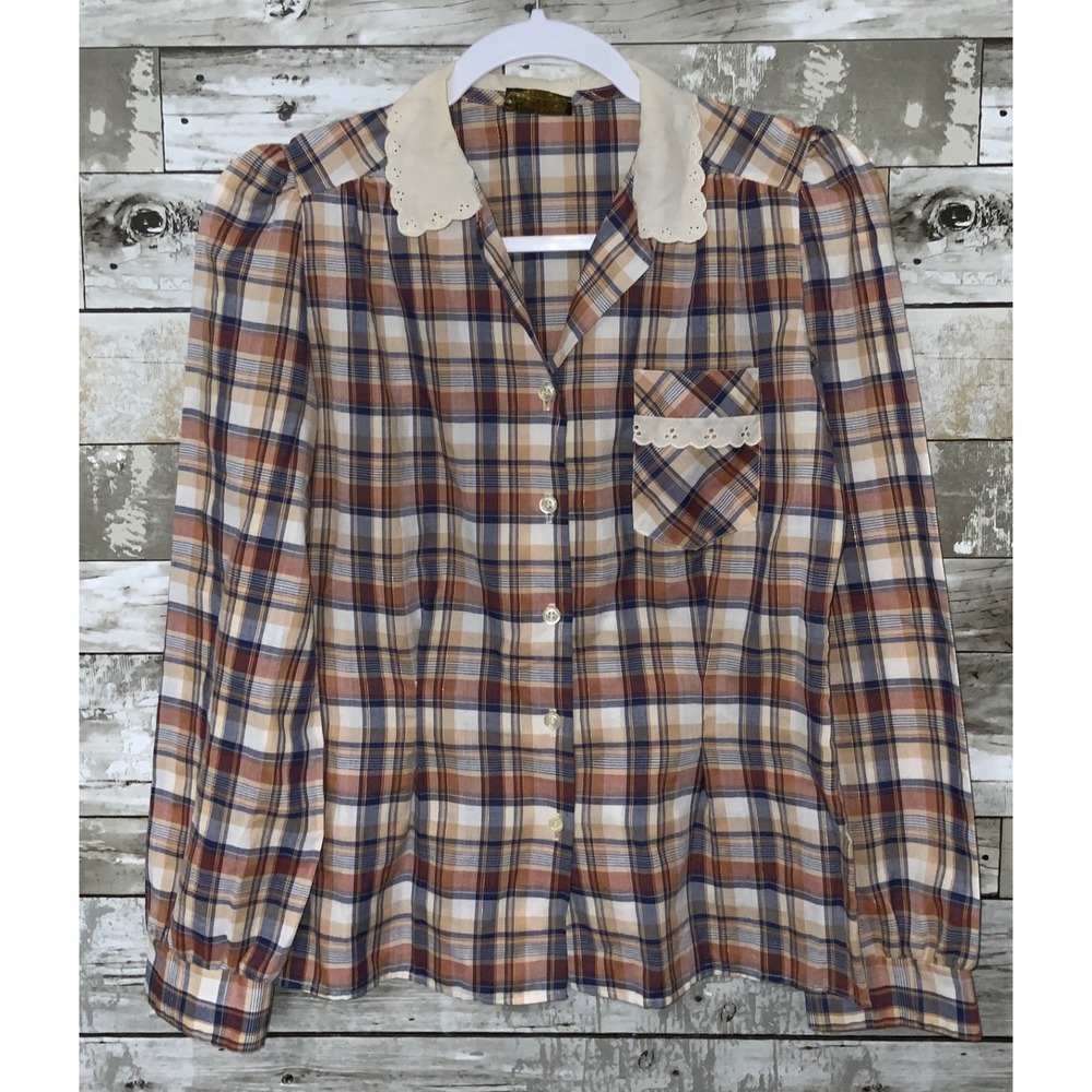 Vintage Underground S.F Womens Brown Plaid‎ Button Front Blouse Size Medium